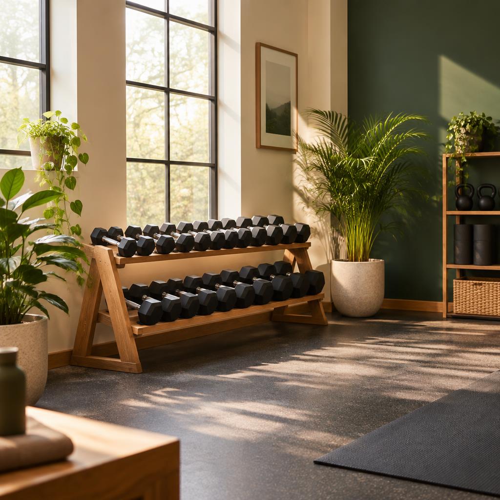 A warm training studio with dumbbells, plants and morning light