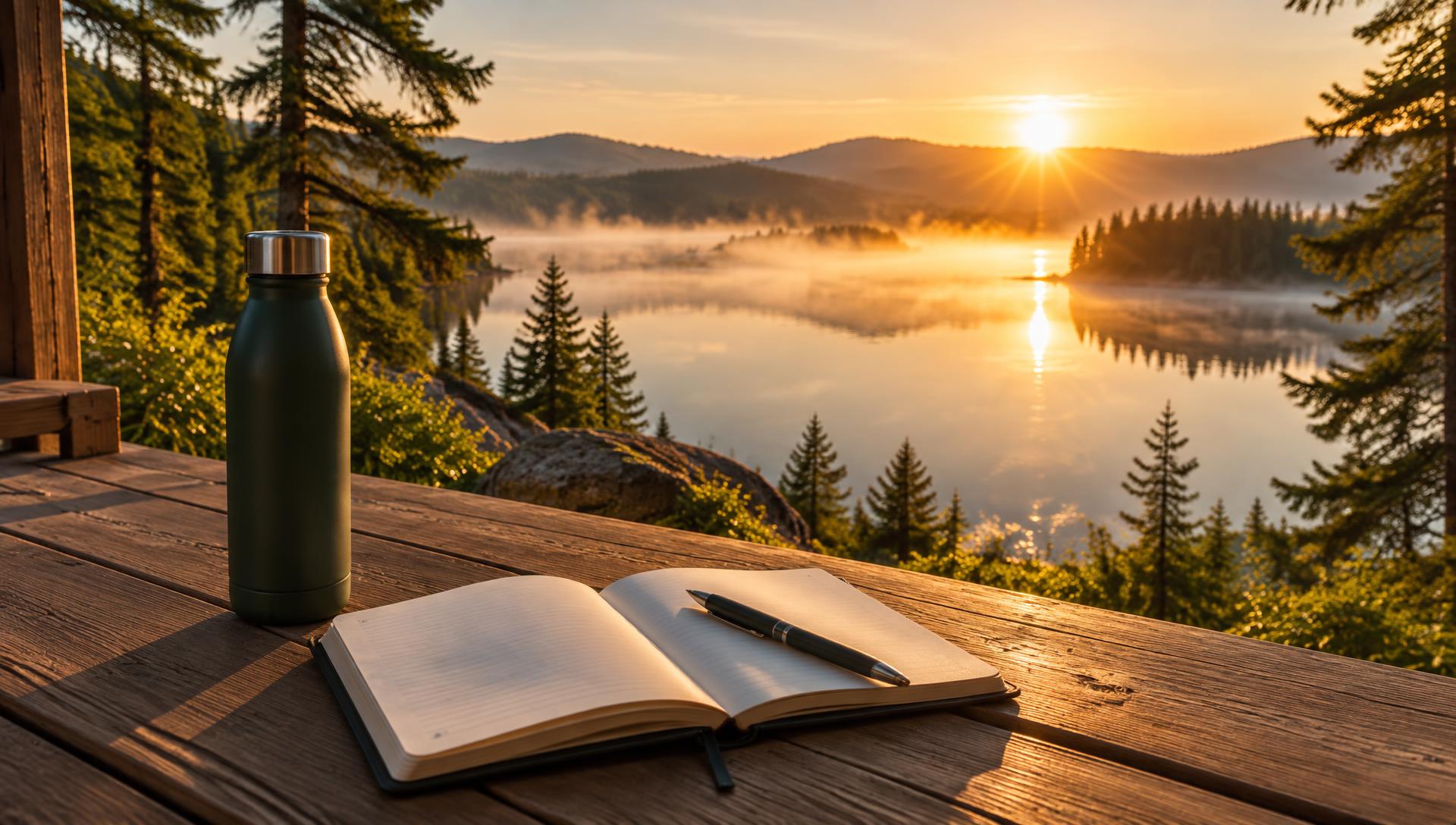 Sunrise over a misty forest lake from a wooden deck with a notebook and water bottle