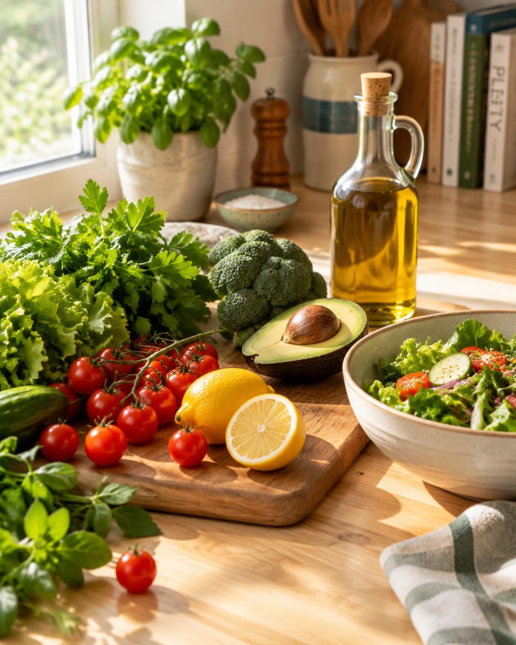 Fresh vegetables, salad and olive oil on a sunlit kitchen counter