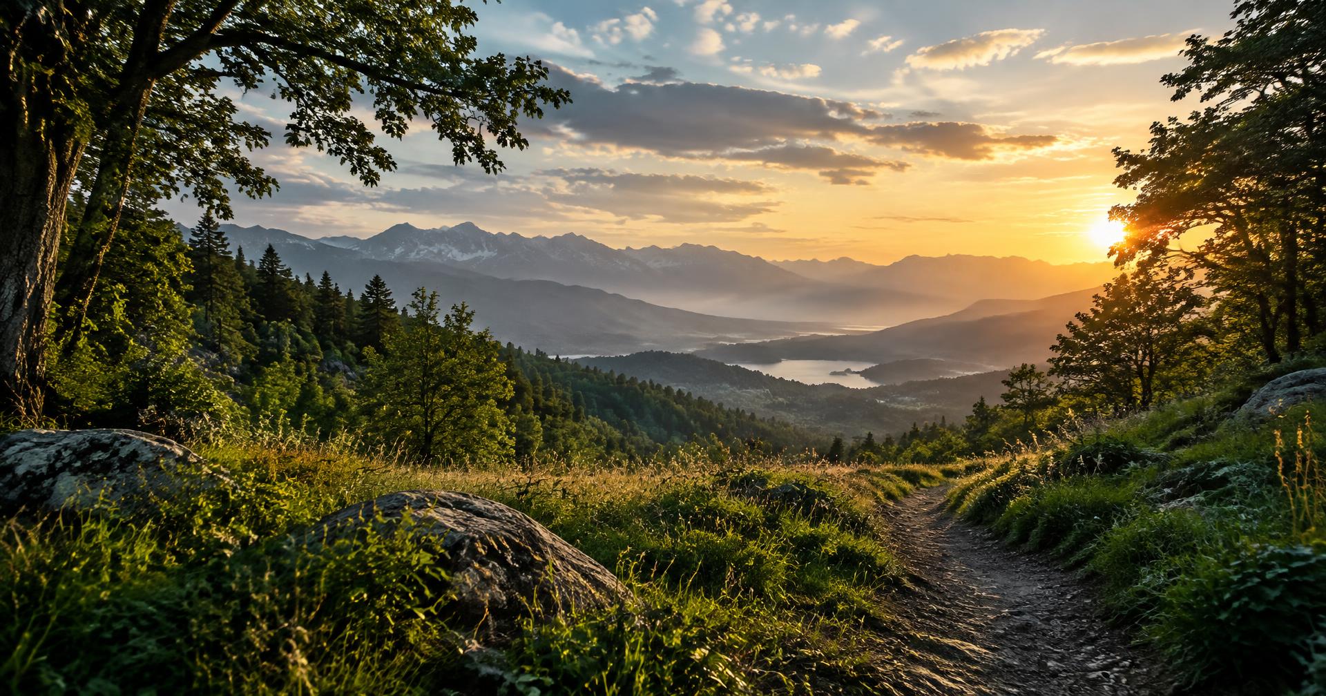 Path through green hills toward distant mountains