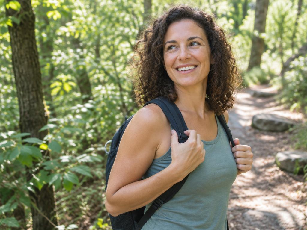 Woman pausing on a sunlit forest trail with a daypack