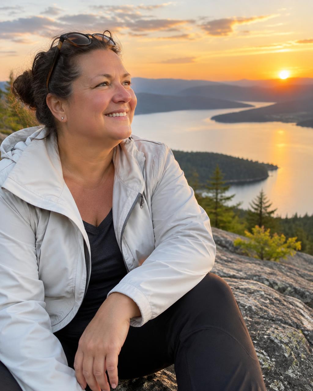 Woman smiling contentedly on a rocky overlook above a mountain lake at sunset