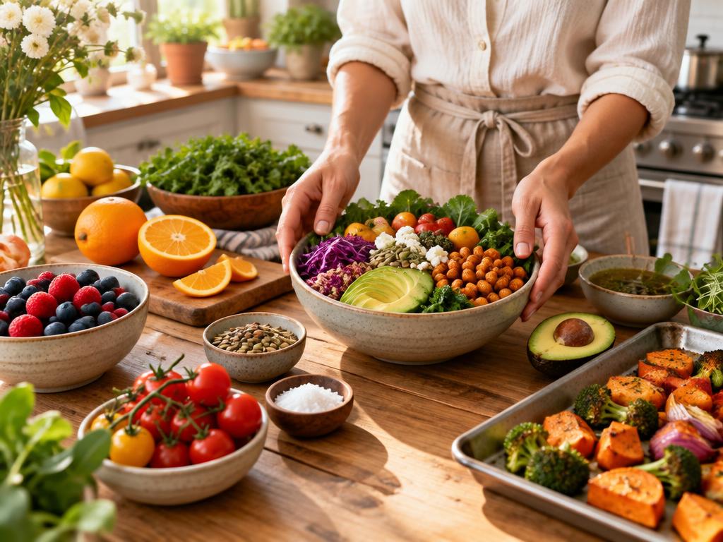 Hands arranging a colorful whole-food salad bowl on a wooden kitchen table