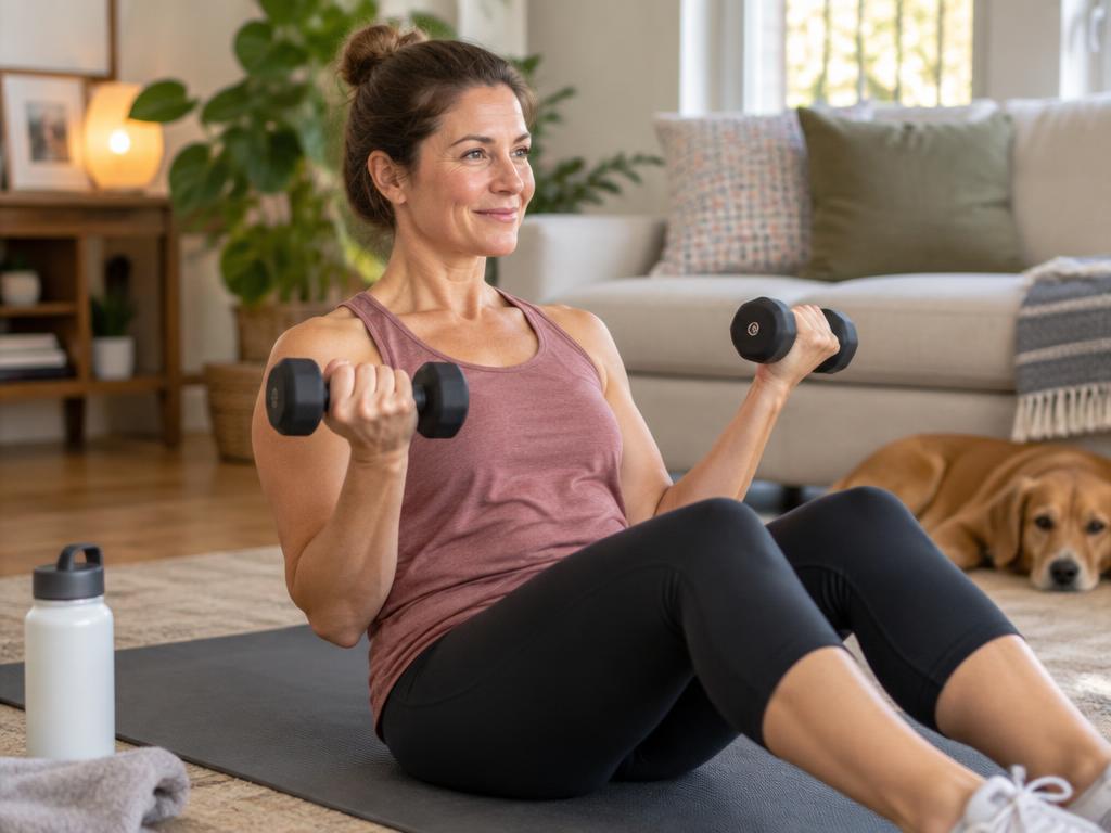 Woman smiling during a light dumbbell workout at home in her living room