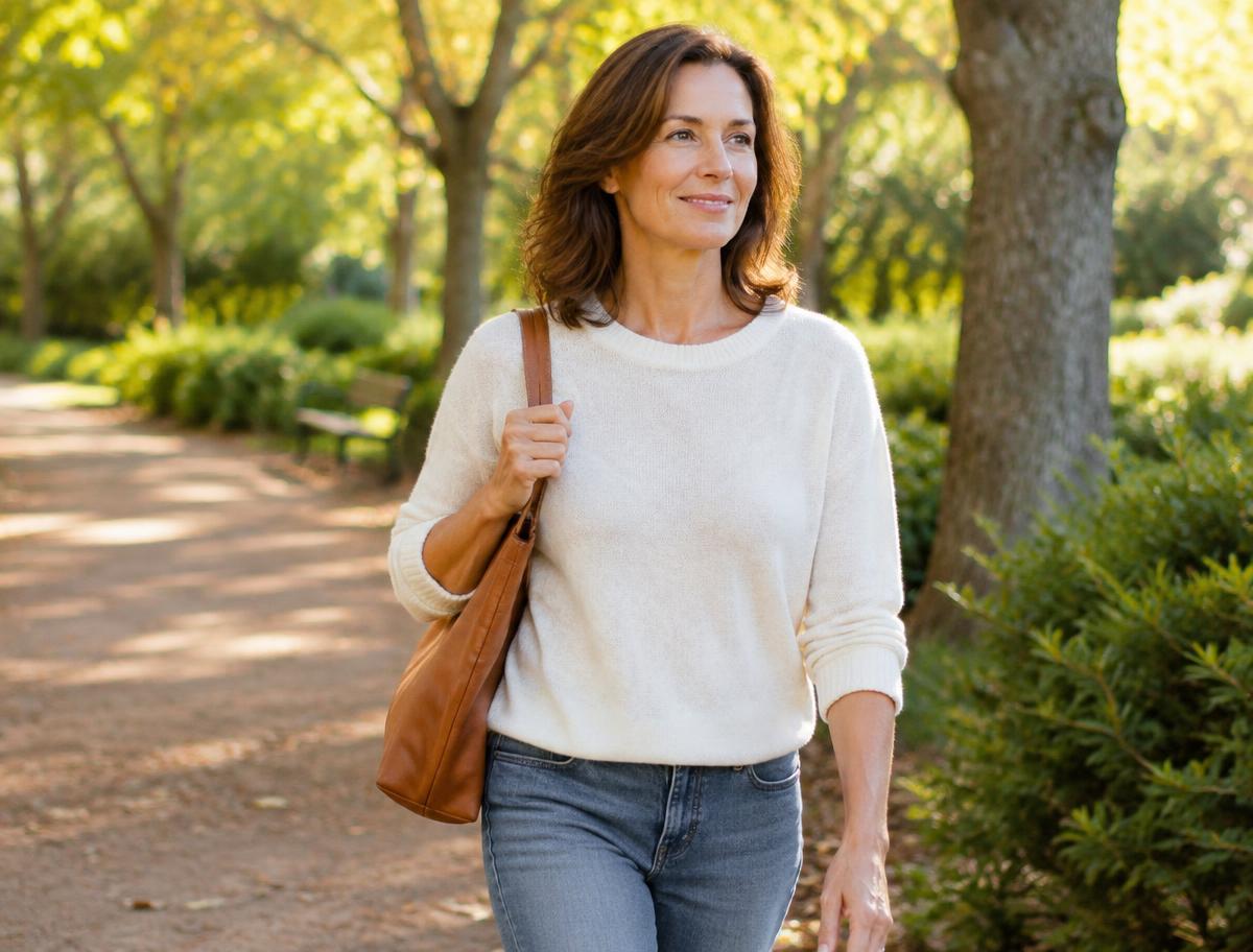 A smiling woman walking along a sunlit park path