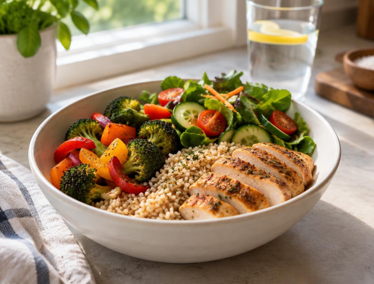 A balanced bowl of chicken, grains, vegetables and salad on a kitchen counter