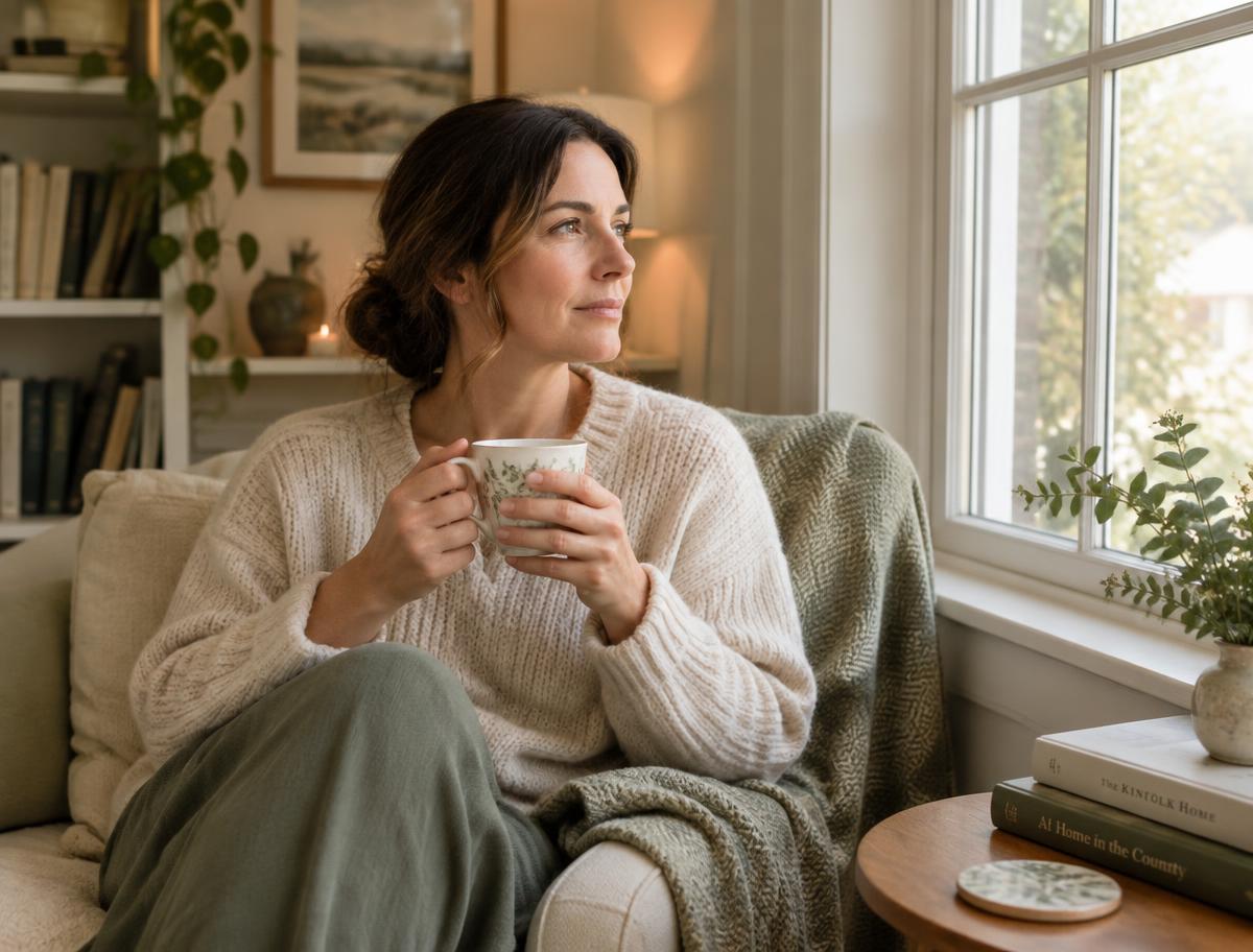 A woman holding a cup of tea and looking out a window at home