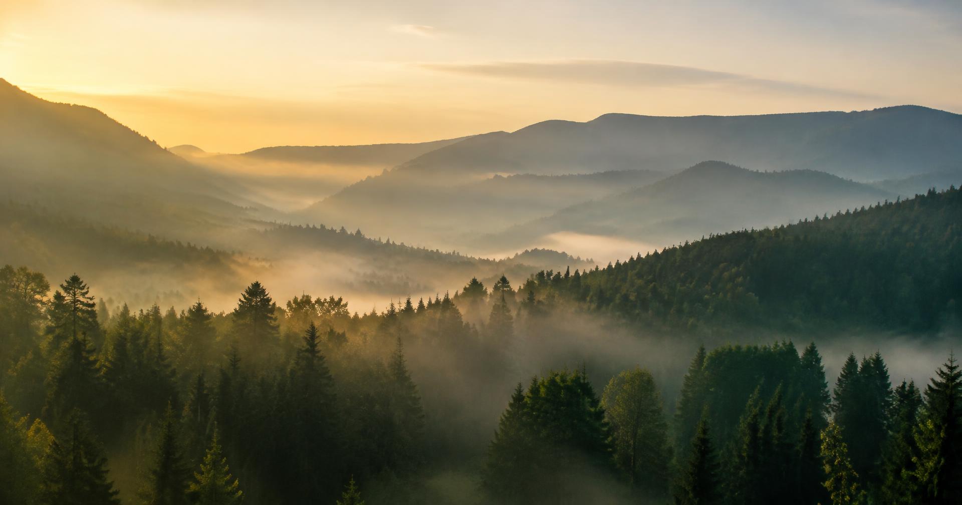 Morning mist drifting through a forested mountain valley at sunrise