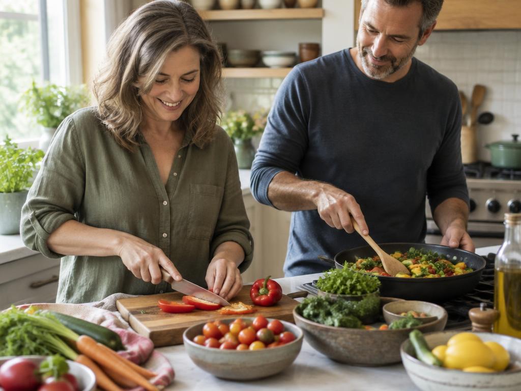 Mature couple preparing a nourishing meal together at home