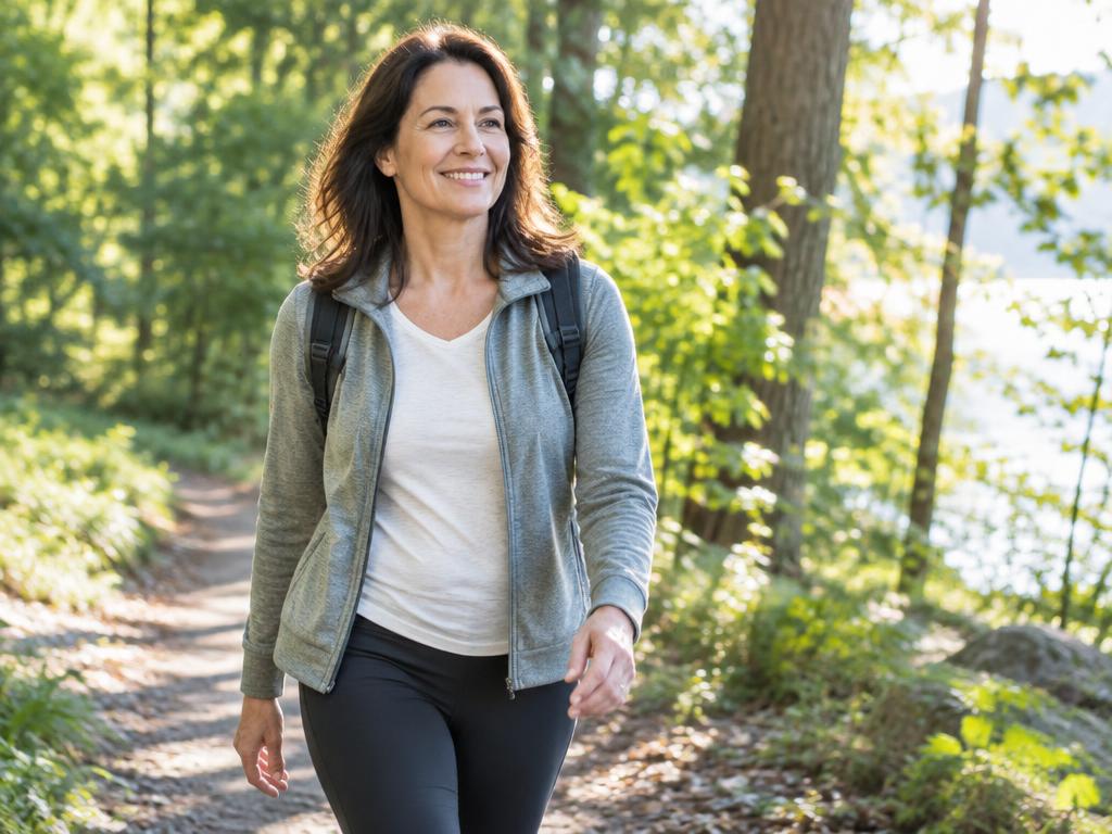 Woman enjoying a walk on a green woodland trail