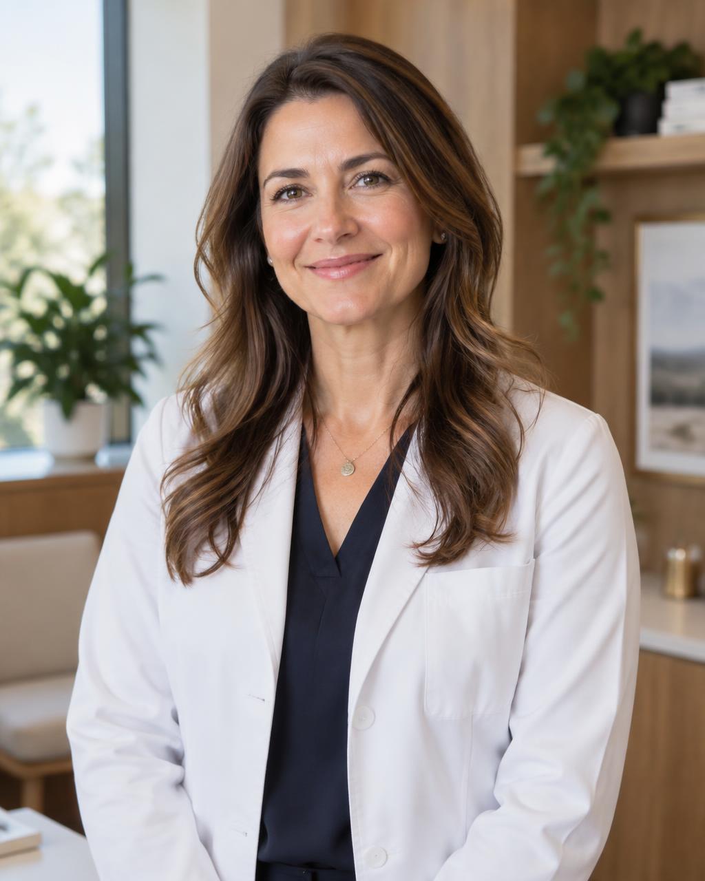 A friendly licensed medical provider in a warm, modern consultation office