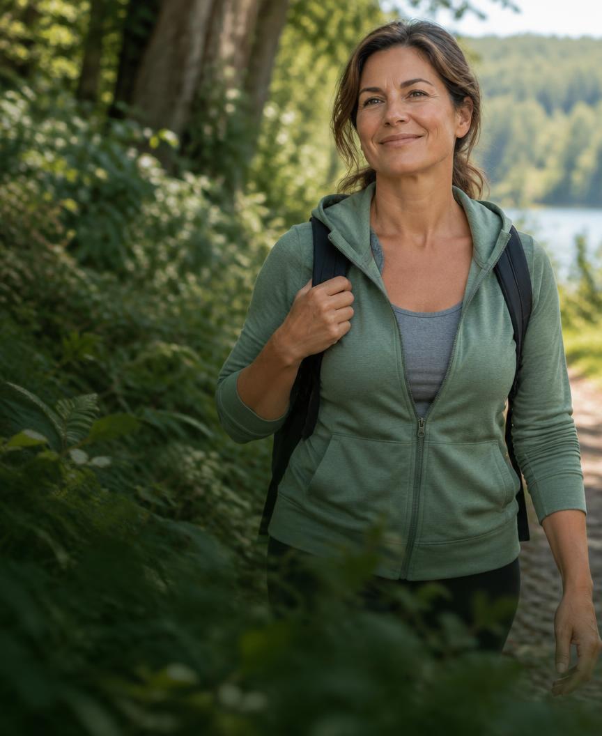 Woman walking outdoors on a green trail
